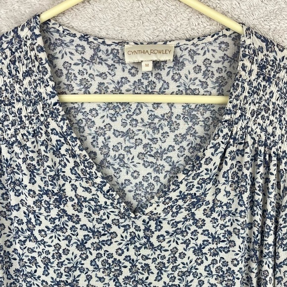 CYNTHIA ROWLEY Blouse Cottagecore Blue Floral Ditzy Top Medium - Picture 2 of 15